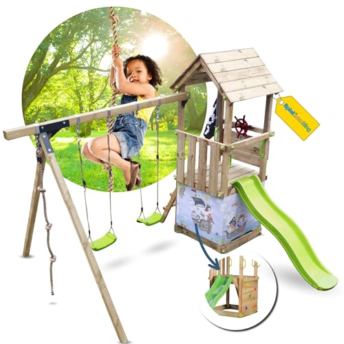 Spielturmking® Spielturm Little Kiosk Abenteuerlicher Spielturm mit Rutsche, Doppelschaukel, Sandkasten & mehr robuster Kletterturm KDI Holz von Spielturmking