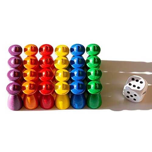 Spieltz Brettspiel Zubehör: Spielfiguren Set aus Holz für Ludo. 4x4 od. 6x4 Halmakegel + Würfel. Spielmaterial für Brettspiele. (Personen mit Hut, Größe 13/26 mm, 6 x 4 Spielfiguren + 1 Würfel) von Spieltz