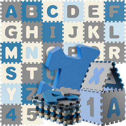 Spielwerk® 86-teilige Puzzlematte Baby Kinder 3,3m² Spielmatte Bodenschutzmatte Krabbelmatte Buchstaben Zahlen ABC Lernteppich XXL Schaumstoff Blau von Spielwerk