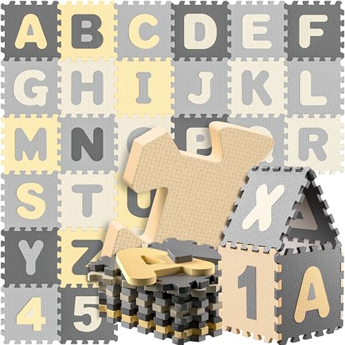 Spielwerk® 86-teilige Puzzlematte Baby, Grau - 3,3m² Buchstabenteppich - ABC Matten für Kinder, Spielunterlage Boden, Gummimatte Kinderzimmer, Puzzleteppich Baby, Spielteppich für Kinder von Spielwerk