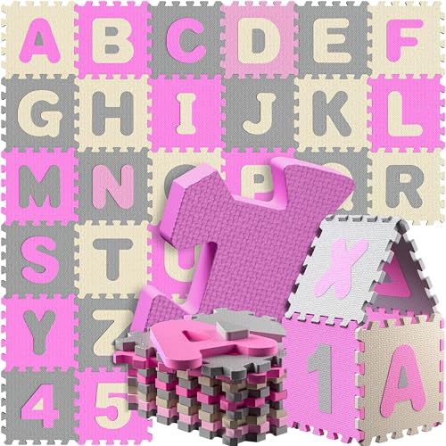 SPIELWERK® 86-teilige Puzzlematte Baby, Pink - 3,3m² Buchstabenteppich - ABC Matten für Kinder, Spielunterlage Boden, Gummimatte Kinderzimmer, Puzzleteppich Baby, Spielteppich für Kinder von Spielwerk