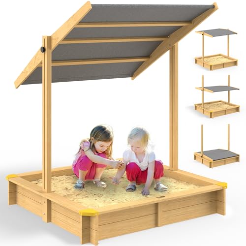 Spielwerk® Sandkasten Fritzi Sonnendach 140x140x120cm Naturholz Fichtenholz UV-Schutz Sandbox UV50+ Kantenschutz Bodenvlies Sandspielzeug Kinder von Spielwerk