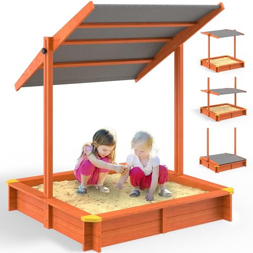 Spielwerk® Sandkasten Max Sonnendach 140x140x120cm imprägniertes Holz Füllstand Skala UV 50+ Kantenschutz Bodenvlies Sandspielzeug Kinder Sandbox Sandkiste von Spielwerk