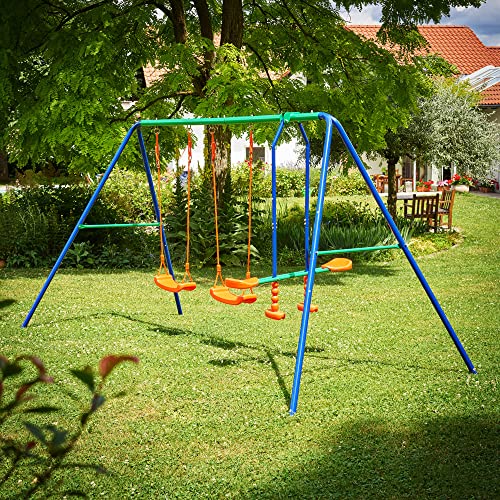 Spielwerk® Schaukel Outdoor Metallgerüst 200kg Tragkraft Bodenanker 2X Schaukelsitz 1x Doppelschaukel Lackiert Verstrebt Schaukelgerüst Kinderschaukel von Spielwerk