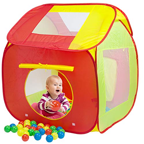 SPIELWERK® Spielzelt Pop Up Funktion inkl. 200 Bälle Tragetasche Kinderzimmer Kinder Bällebad Spielhaus Tipi Insektenschutz Draußen Drinnen von Spielwerk