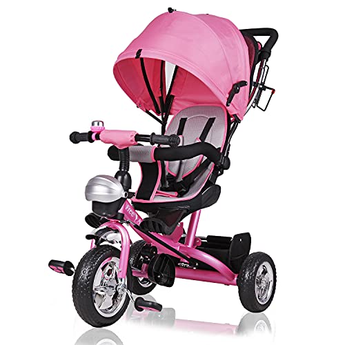 SPIELWERK® Dreirad 4in1 mit Schubstange ab 1 Jahr Drehbarer Sitz Getränkehalter Sonnendach Kinderdreirad Fußablage Baby Buggy Laufrad Kleinkind Rosa von Spielwerk