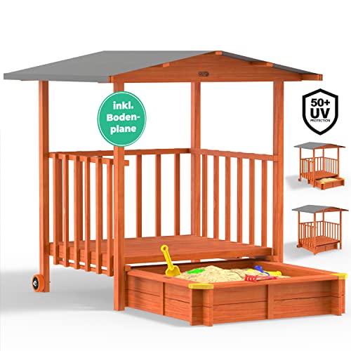 Spielwerk® Sandkasten Merle Sonnendach 143x130x130cm Veranda 95x95x20cm UV-Schutz Sandbox von Spielwerk