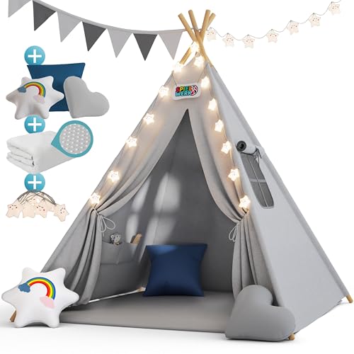 Spielwerk® Tipi Zelt für Kinder Indoor 130x130cm Set mit Bodenmatte Grau Blau Kinderzelt Lichterkette Girlande Kissen Spielzelt Baumwolle Holz Tasche von Spielwerk