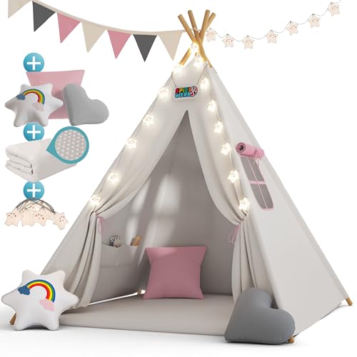 Spielwerk® Tipi Zelt für Kinder Indoor 130x130cm Set mit Bodenmatte Beige Rosa Kinderzelt Lichterkette Girlande Kissen Spielzelt Baumwolle Holz Tasche von Spielwerk