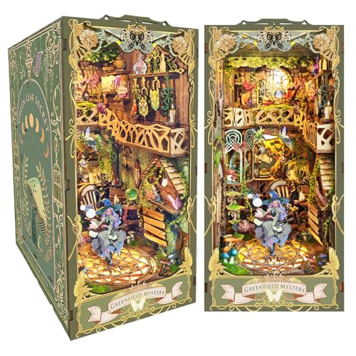 Spilay DIY Book Nook Puppenhaus Kit, Booknook Bücherregal Insert Decor Alley, Buchstützen Modell Build-Creativity Kit mit Staubschutz (Green Fairyland with LED) von Spilay