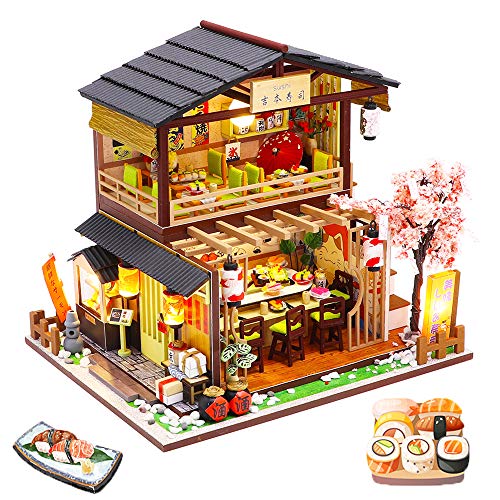 Spilay DIY Miniatur-Puppenhaus-Bausatz, DIY Puppenhaus-Bausatz mit Holzmöbeln mit Staubschutz & Spieluhr & LED, Geburtstag Weihnachten Handmade Gift-(Gibbon Sushi) M2011 (Gibbon Sushi) von Spilay