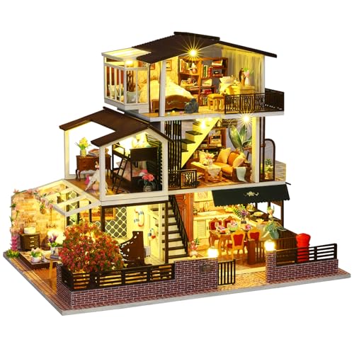 Spilay DIY Miniatur-Puppenhaus-Bausatz, Bausatz mit Holzmöbeln, staubdichte Abdeckung, Spieluhr und LED, handgemachte Kunst und Handwerk Geschenke für Geburtstag, Weihnachten und Valentinstag-P016 von Spilay