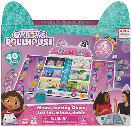 SPIN MASTER GAMES 6065769 Gabby's Dollhouse, Meow-Mazing Brettspiel basierend auf der DreamWorks Netflix Show mit 4 Kitty Stirnbändern, für Familien und Kinder ab 4 Jahren, Mehrfarbig, Standard-Größe von Spin Master Games