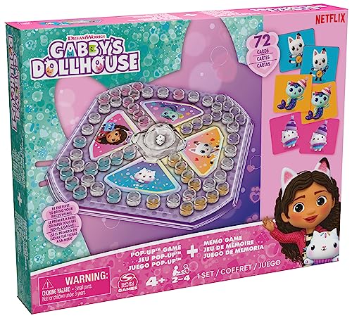 Gabby's Dollhouse Sorry Pop Up und Memo Spiel - Zwei Spieleklassiker in einem Set, Sorry (Pachisi) mit Pop Up Würfel und 72 Memo-Karten mit den beliebten Gabby Charakteren, ab 4 Jahren, 2-4 Spieler von Spin Master Games