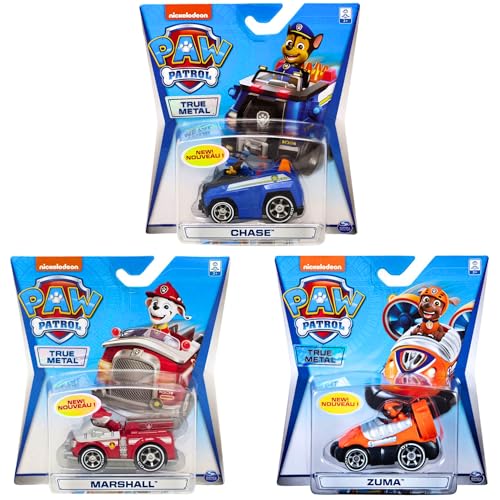 Paw Patrol – True Metal Sammlerfigur Druckguss-Spielzeugfahrzeug-Bündel – Set 1 Packung mit 3 Stück – Chase, Marshall und Zuma von Spin Master