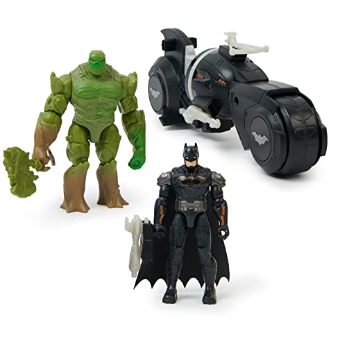 Batman Amory Attack Batcycle mit 2x 10cm Actionfiguren von Batman und Swamp Thing, Motorrad mit drehbarem Waffenaufsatz von DC Comics