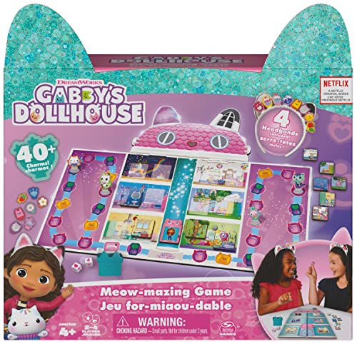 SPIN MASTER GAMES 6065769 Gabby's Dollhouse, Meow-Mazing Brettspiel basierend auf der DreamWorks Netflix Show mit 4 Kitty Stirnbändern, für Familien und Kinder ab 4 Jahren, Mehrfarbig, Einheitsgröße von Spin Master Games