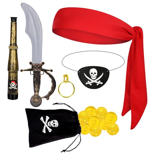 Spinosaurus 7 Pcs Pirate Accessories Sets for Adult Kids,Captain Costume Accessories Pirate Bandana Eye Patch Telescopes Earring Wallet with Gold Coins for Role Play Pirate Dress Up Props von Spinosaurus