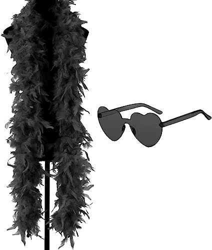 SpirWoRchlan Bunte Federboa, 2 m Federboa für Damen, für Tanz, Hochzeit, Party, Cosplay, Halloween, Junggesellinnenabschied, Kostümzubehör, mit Herz, randlose Sonnenbrille, Schwarz von SpirWoRchlan