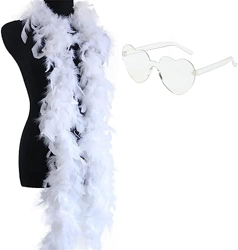 SpirWoRchlan Bunte Federboa, 2 m Federboa für Damen, für Tanzen, Hochzeit, Party, Cosplay, Halloween, Junggesellinnenabschied, Kostümzubehör, mit Herz, randlose Sonnenbrille, Weiß von SpirWoRchlan