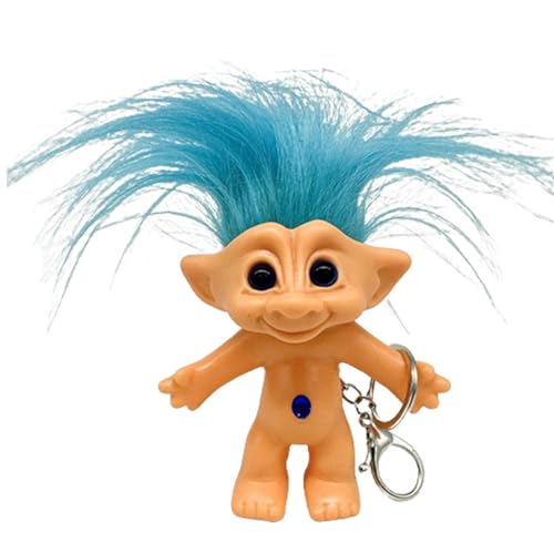 Troll-Puppen-Schlüsselanhänger – Vintage Troll-Puppen chromatischer bezaubernder Troll, verrückte Haarfigur, 10 cm Glück, Trollpuppe, Vinyl-Schlüsselanhänger, Schlüsselhalter – Blau von Spizummp