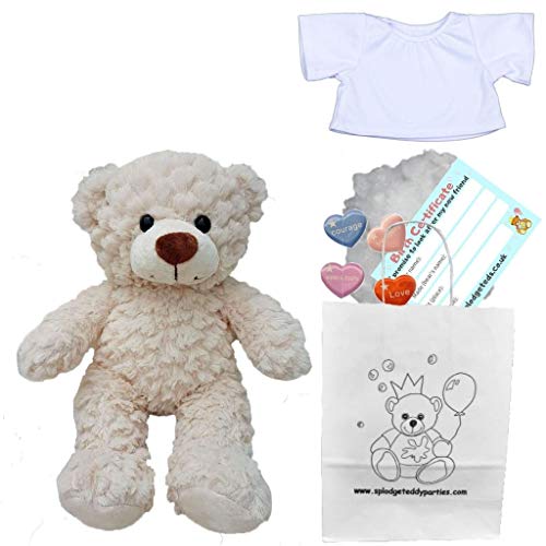 Crinkle Cream Teddybär – weiches Plüschtier – 25 cm – Bauen Sie Ihren eigenen Teddybär – Party-Set mit T-Shirt von Splodge Teddy Parties