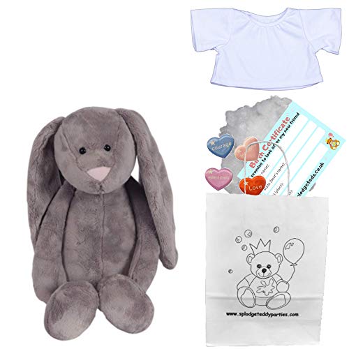 Graues Hasen-Plüschtier – Größe: 25 cm Teddybären zum Selbermachen – ohne Nähen - mit weißem T-Shirt von Splodge Teddy Parties