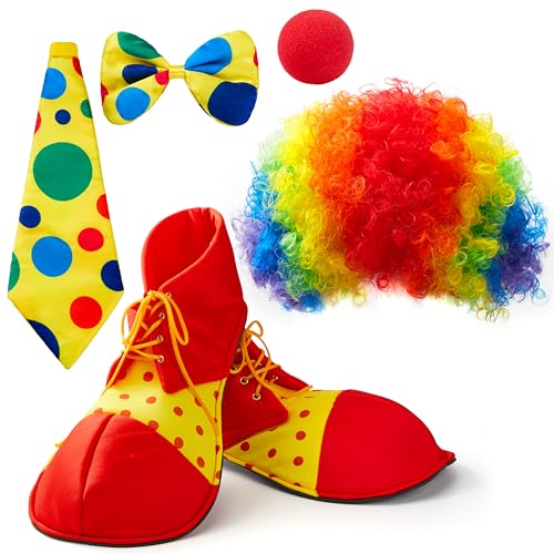 Clown-Kostüm-Set, 6-teilig, Regenbogen-Perücke, Nase, Schleife, Ti und Schuhe, Zubehör für Clown-Partys, ausgefallenes Zirkuskostüm für Kinder, Frauen und Männer, Karneval, Rollenspie von JOYIN