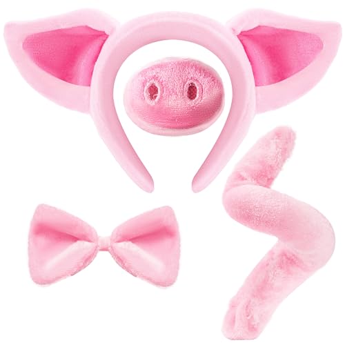 Pink Animal Kostüm Zubehör Set mit Nase, Ohren, Fliege und Schwanz: Pinky Pig Kostüm für Erwachsene und Kinder, Halloween, Party, Gastgeschenke, Bauernhof, Rollenspiele und Lehrer von Spooktacular Creations