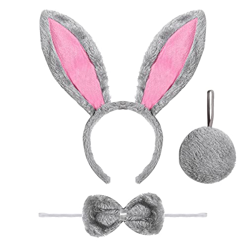 Spooktacular Creations 3 PCs Bunny Accessoires Set einschließlich Kaninchen -Hasen -Ohren -Stirnband, Fliege und Schwanz für Halloween Party Dress -up -Accessoires (Grau und Rosa) von Spooktacular Creations