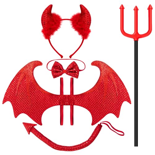 Spooktacular Creations 5 teiliges Halloween-Teufelskostüm-Set mit roten Teufelsflügeln, Teufelsheugabel, Fliege, Pailletten-Teufelshorn-Stirnband und Teufelsschwanz-Dämonenkostümzubehör Spooktacular Creations 5 teiliges Halloween-Teufelskostüm-Set mit roten Teufelsflügeln, Teufelsheugabel, Fliege, Pailletten-Teufelshorn-Stirnband und Teufelsschwanz-Dämonenkostümzubehör von Spooktacular Creations