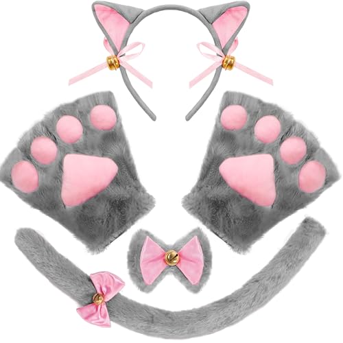 Spooktacular Creations 5-teiliges graues Kätzchen-Kostüm-Zubehör-Set mit Katzenohren, Stirnband, Pfoten-Handschuhen, Fliege, Schwanz für Erwachsene, Kinder, Cosplay, Halloween-Party-Anziehzubehör-Set Spooktacular Creations 5-teiliges graues Kätzchen-Kostüm-Zubehör-Set mit Katzenohren, Stirnband, Pfoten-Handschuhen, Fliege, Schwanz für Erwachsene, Kinder, Cosplay, Halloween-Party-Anziehzubehör-Set von Spooktacular Creations