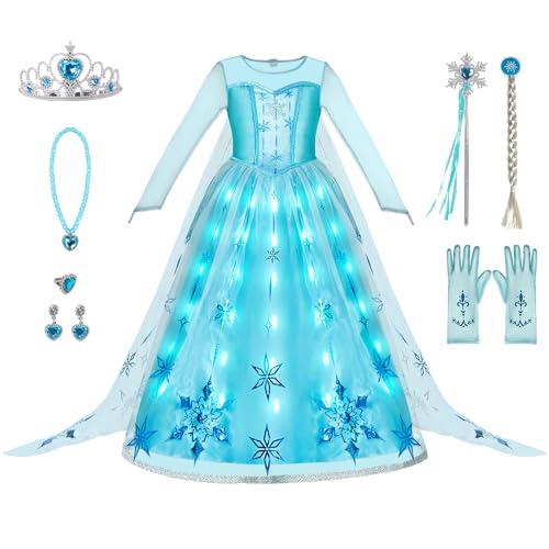 Spooktacular Creations 8-teiliges leuchtendes Eisprinzessin-Kleid für Mädchen: langes Cape-Prinzessin-Kostüm mit LED, perfekt für Geburtstag, Cosplay und Halloween-Partys(Größe, 3T, 3–4 Jahre). von Spooktacular Creations