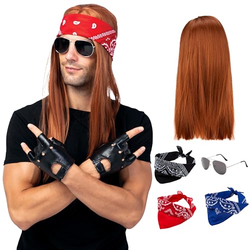 Spooktacular Creations 90er Jahre Rocker Kit mit Perücke, Handschuhe, Sonnenbrillen und Bandanas für Herren, Hard Rock Kostüm für Halloween Cosplay von Spooktacular Creations