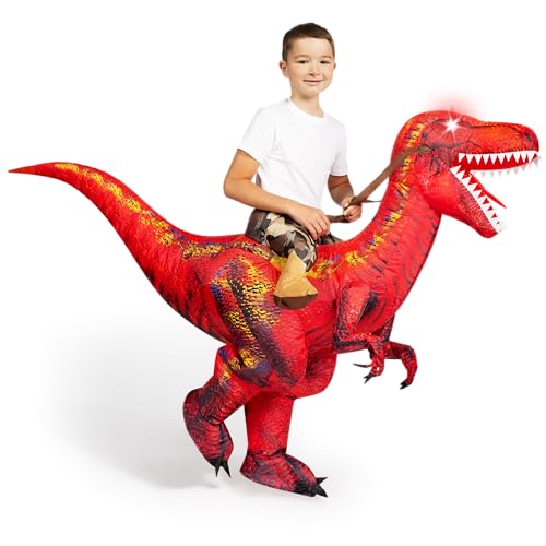 Spooktacular Creations Aufblasbares Dinosaurierkostüm für Kinder, T-Rex-Kostüm mit LED-Leuchtaugen zum Aufsitzen, Reiten auf einem roten Raptor, digital bedruckte, luftaufblasbare Halloweenkostüme von Spooktacular Creations