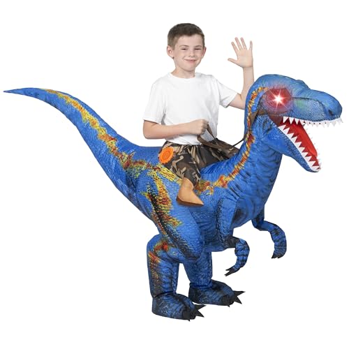 Spooktacular Creations Aufblasbares Dinosaurierkostüm für Kinder,T-Rex-Kostüm mit LED-Leuchtaugen zum Aufsitzen, digital bedruckte, luftaufblasbare (blau, klein) von Spooktacular Creations