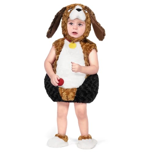 Spooktacular Creations Baby Basset Hound Welpenkostüm, ärmelloses braunes Hundekostüm mit Kapuzenschuhen für Kleinkinder, Babys, Halloween-Verkleidung für Kinder, Party mit Tiermotiven (18–24 Monate) von Spooktacular Creations