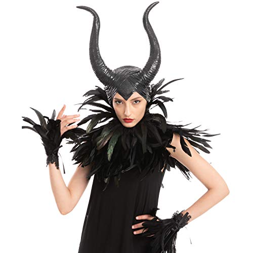 Spooktacular Creations Black Evil Queen Zubehör Set mit Horn, Federschal und Federmanschette für Halloween Cosplay Party Gothic Krähe Kostüm Dress Up von Spooktacular Creations