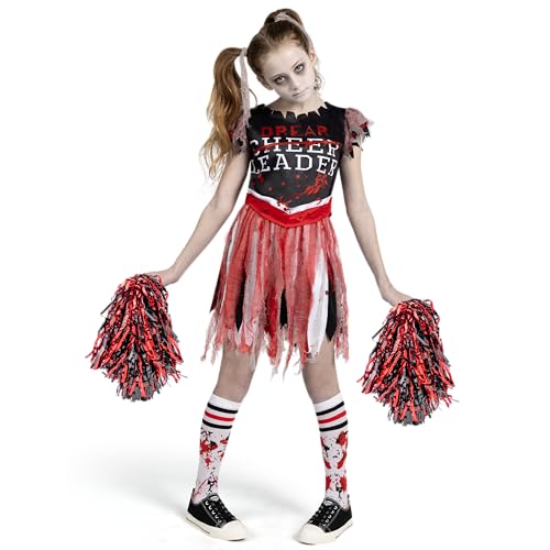 Spooktacular Creations Cheerleader-Kostüm für Mädchen, gruseliges blutiges Cheerleaderkostüm, Zombie Fearleader-Kostüm für Halloween-Dress-up-Partys-XL von Spooktacular Creations