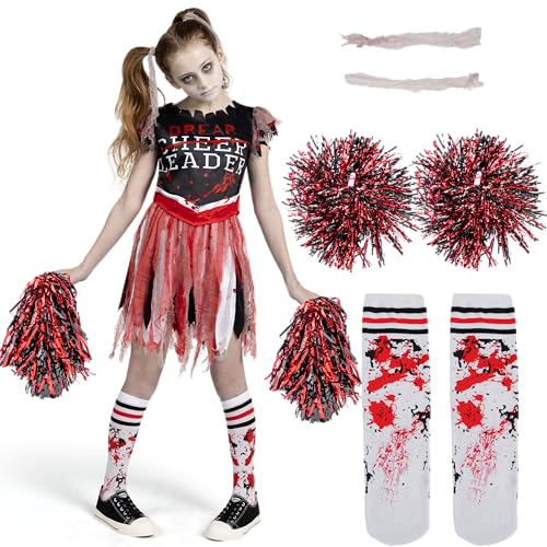 Spooktacular Creations Cheerleader-Kostüm für Mädchen, gruseliges blutiges Cheerleaderkostüm, Zombie Fearleader-Kostüm für Halloween-Dress-up-Partys-XL von Spooktacular Creations