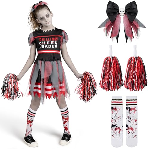 Spooktacular Creations Cheerleader-Kostüm für Mädchen, schwarze und rote schreckliche Cheerleader-Kostüm, Zombie Fearleader-Kostüm für Halloween-Dress-up-Partys-s von Spooktacular Creations