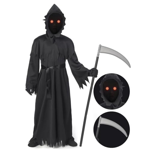 Spooktacular Creations Child Unisex Black Sensenmann Kostüm, Gruseliges Phantom Kostüm mit Handschuhen Sense Light-Up Brille für Boys Halloween Dress up, Role-Playing-S von Spooktacular Creations