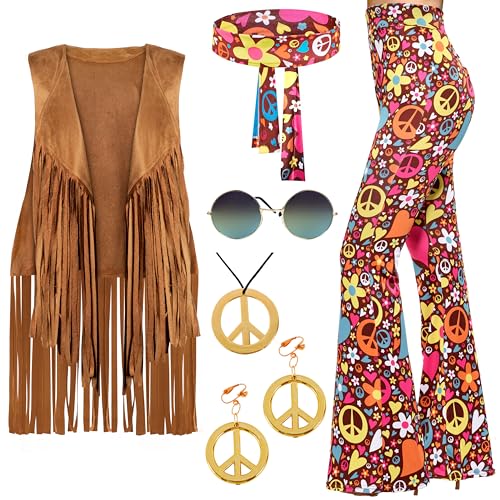 Spooktacular Creations Damen Hippie-Hosen-Set, Hippie-Kostüm Damen mit Hippie-Weste, Hippie-Hosen, Hippie-Brille und Hippie-Accessoires für Halloween, 70er-Jahre-Kostüm, Frau, Cosplay, L von Spooktacular Creations