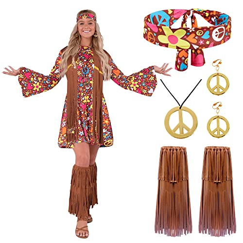 Spooktacular Creations Damen-Hippie-Kostümset, Stirnband, Ohrringe, Kleid, Weste, Socken, Stiefelüberzüge 70er-Jahre-Hippie-Kleidung für Halloween-Ankleideparty, Cosplay – M von Spooktacular Creations