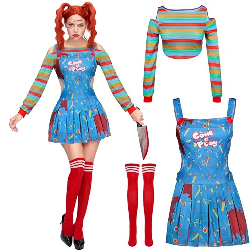 Spooktacular Creations Damen Killerpuppenkostüm, Clown Cosplay Kleid mit Regenbogen T-Shirt, Strapsrock und kniehohen Strümpfen für Halloween Party Kostüm von Spooktacular Creations