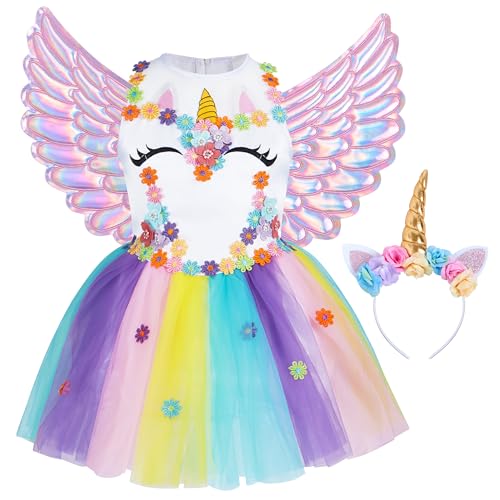 Spooktacular Creations Einhorn Prinzessin Kleid für Mädchen mit Stirnband und Flügeln für Kinder, Einhorn Kostüm Tutu Kleid für Karneval Halloween Cosplay Party, Rosa, L (8-10 Jahre) von Spooktacular Creations