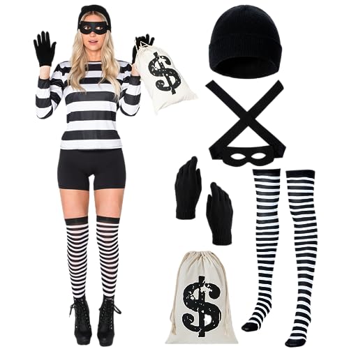 Spooktacular Creations Erwachsene Frauen Räuber Kostüm Set mit Hut Hemd Maske Handschuhe Socken Tasche für Halloween Dress Up Cosplay Mottoparty-L von Spooktacular Creations