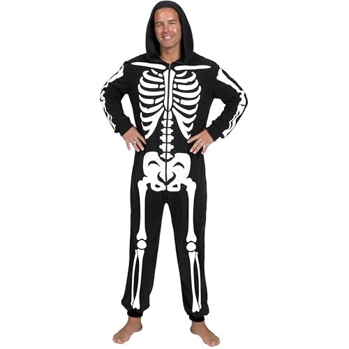 Spooktacular Creations Erwachsene Skelettkostüme für Männer Skelett Jumpsuit Pyjama Zip-up-Kapuze-Jumpsuit Halloween Cosplay Kostüm Nachtüde Homewear, xl von Spooktacular Creations