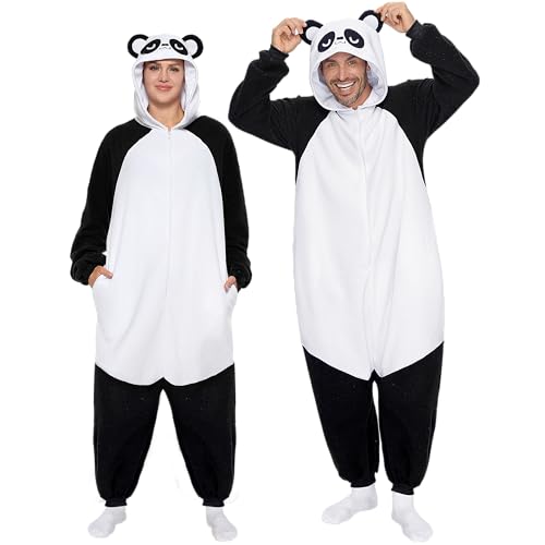 Spooktacular Creations Erwachsene Unisex-Pyjama, Panda-Kapuzen-Overall-Kostüm mit Hut, Kapuzen-Nachtwäsche mit Reißverschluss für Halloween-Cosplay-Kostüm, M von Spooktacular Creations