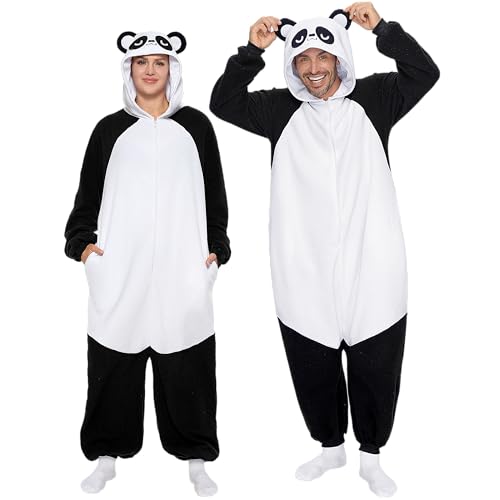 Spooktacular Creations Erwachsene Unisex-Pyjama, Panda-Kapuzenoverall-Kostüm mit Hut, Kapuzen-Nachtwäsche mit Reißverschluss für Halloween-Cosplay-Kostüm, L von Spooktacular Creations